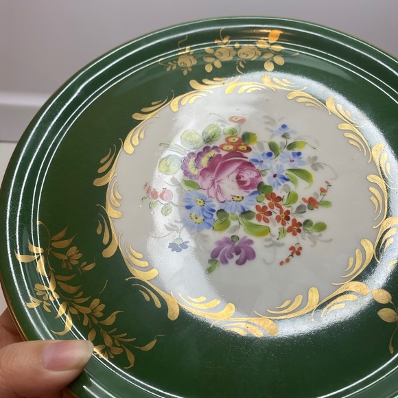 Two Vintage France Plates Hand Painted Floral Green & Gold Accents About 8” Wide - Picture 4 of 15